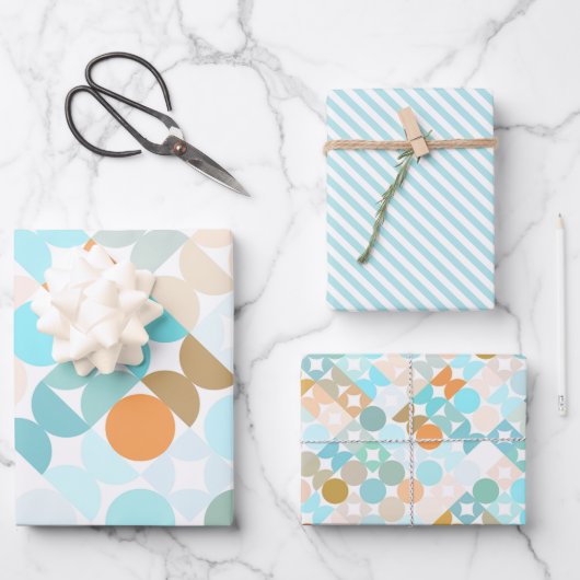 シックなアクアブルーコーラルオレンジサークルアートパターン ラッピングペーパーシート (正面)