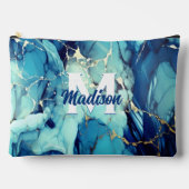 シックなアクアブルー大理石フェイク金ゴールドグリッターモノグラム アクセサリーポーチ (正面)