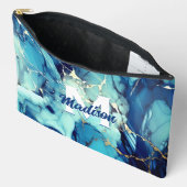 シックなアクアブルー大理石フェイク金ゴールドグリッターモノグラム アクセサリーポーチ (見開き)