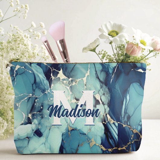 シックなアクアブルー大理石フェイク金ゴールドグリッターモノグラム アクセサリーポーチ