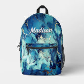 シックなアクアブルー大理石フェイク金ゴールドグリッターモノグラム プリントバックパック (正面)