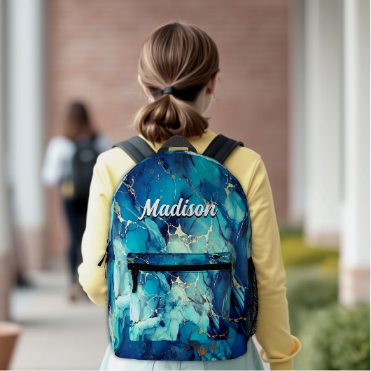 シックなアクアブルー大理石フェイク金ゴールドグリッターモノグラム プリントバックパック