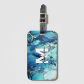 シックなアクアブルー大理石フェイク金ゴールドグリッターモノグラム ラゲッジタグ (正面縦)