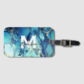 シックなアクアブルー大理石フェイク金ゴールドグリッターモノグラム ラゲッジタグ (正面横)