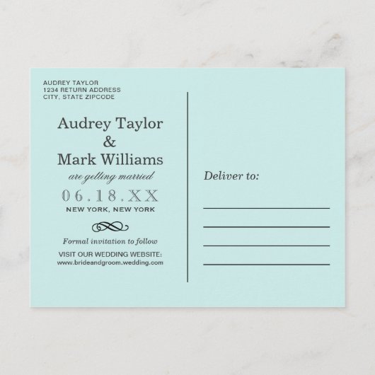 シックなアクア結婚ブルーの写真保存日 案内ポストカード (裏面)