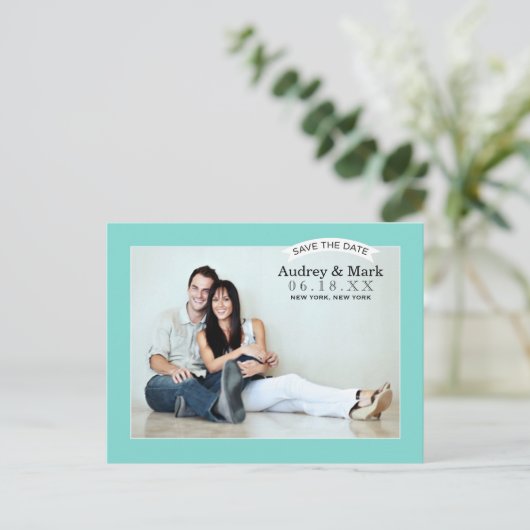 シックなアクア結婚ブルーの写真保存日 案内ポストカード (スタンド正面)
