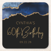 シックなアゲートグードブルー金ゴールド60thバースデーパーティー スクエアペーパーコースター (正面)