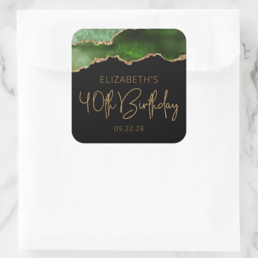 シックなアゲートゲードグリーン金ゴールド40th誕生日パーティー スクエアシール (バッグ)