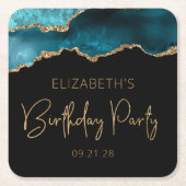シックなアゲートゲードティール(緑がかった色)金ゴールド任意の年の誕生日パーティー スクエアペーパーコースター (正面)
