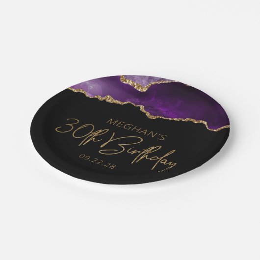 シックなアゲートゲードパープル金ゴールド30th誕生日パーティー ペーパープレート (アングル)