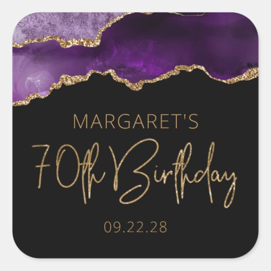 シックなアゲートゲードパープル金ゴールド70thバースデーパーティー スクエアシール (正面)