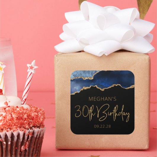シックなアゲートジェードブルー金ゴールド30th誕生日パーティー スクエアシール (パーティー)