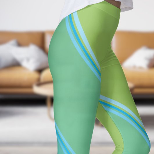 シックなアズールブルー淡い色のアンダーイエローバンドプリント レギンス