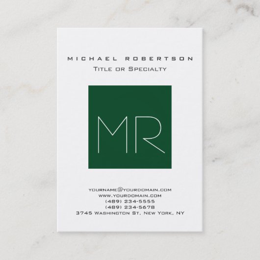 シックなアップフォレストグリーンモノグラムホワイトビジネスカード 名刺 (正面)
