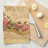 シックなアールヌーボー金ゴールドと赤フローラ キッチンタオル (四つ折り)