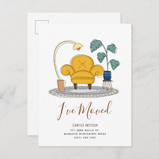 シックなイエローカウチリビングルーム新しいホームムービング 案内ポストカード (正面/裏面)