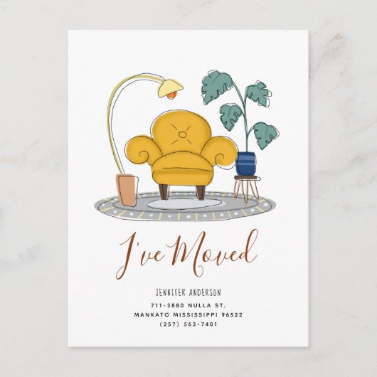 シックなイエローカウチリビングルーム新しいホームムービング 案内ポストカード (正面)