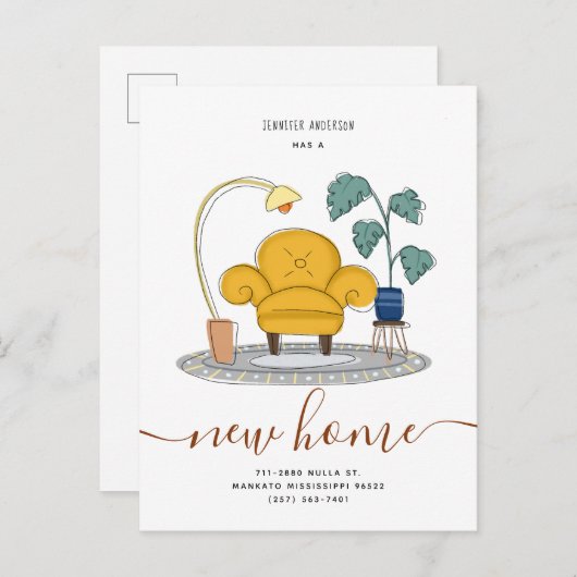 シックなイエローカウチリビングルーム新しいホームムービング 案内ポストカード (正面/裏面)