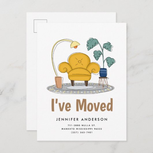 シックなイエローカウチリビングルーム新しいホームムービング 案内ポストカード (正面/裏面)