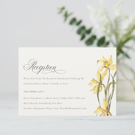シックなイエローダッフォディル水彩結婚式レセプション エンクロージャーカード (スタンド正面)