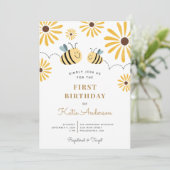シックなイエロービー&ひまわりファースト誕生日 招待状 (スタンド正面)