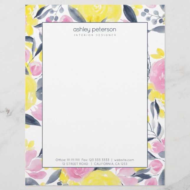 シックなイエローピンクのインディゴブルーフローラ水色 レターヘッド (正面)