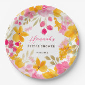 シックなイエローピンクのフローラ水色ブライダルへようこそ ペーパープレート (正面)