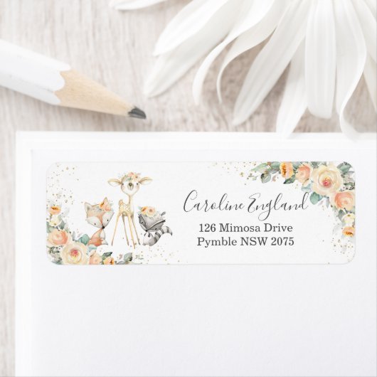 シックなイエローフローラウッドランドアニマルズ差出人住所 ラベル (インサイチュ)