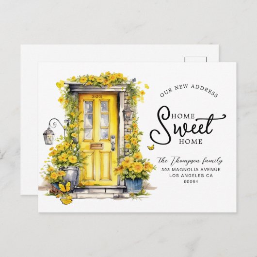 シックなイエローフローラドアホームスウィートホームムービング 案内ポストカード (正面/裏面)