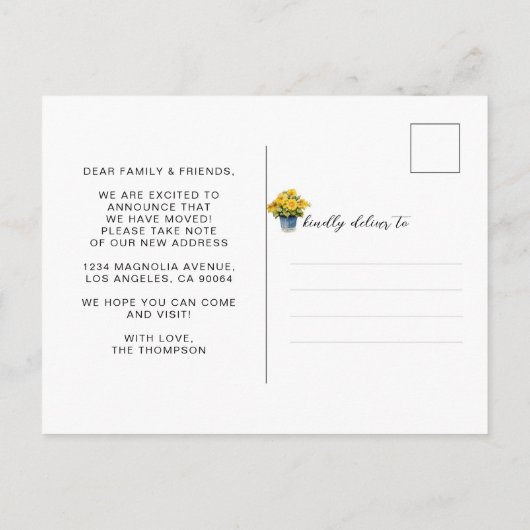 シックなイエローフローラドアホームスウィートホームムービング 案内ポストカード (裏面)