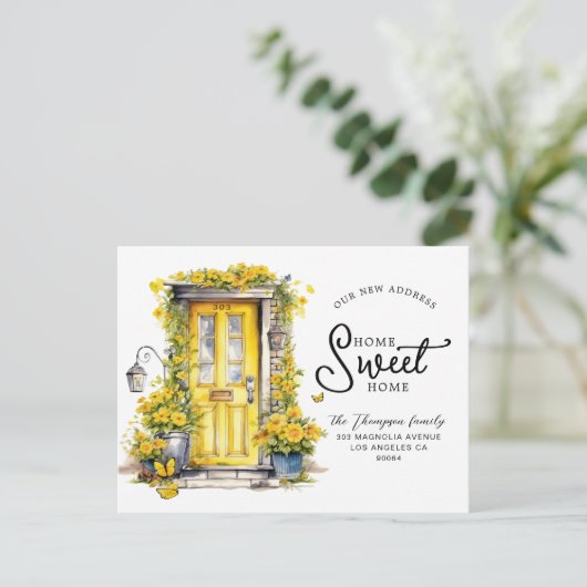 シックなイエローフローラドアホームスウィートホームムービング 案内ポストカード (スタンド正面)
