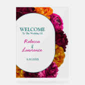 シックなイエローホットピンクグリーン結婚フローラ歓迎 アクリルサイン (正面)