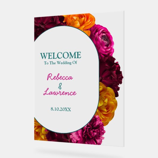 シックなイエローホットピンクグリーン結婚フローラ歓迎 アクリルサイン (傾斜)