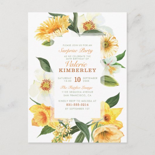 シックなイエロー春デイジーフローラサプライズパーティー インビテーションポストカード (正面)
