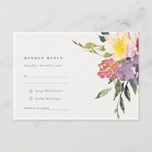 シックなイエロー赤面ブルゴーニュフローラウェディングRSVP エンクロージャーカード (正面)