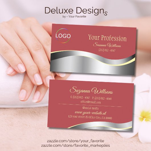 シックなインディアンレッドウェーブシルバーデコールとブランドロゴ 名刺