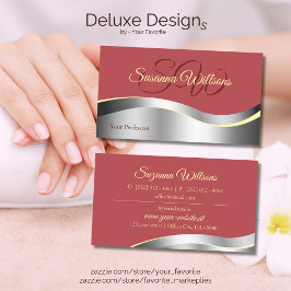 シックなインディアンレッドウェーブシルバーデコールイニシャル 名刺