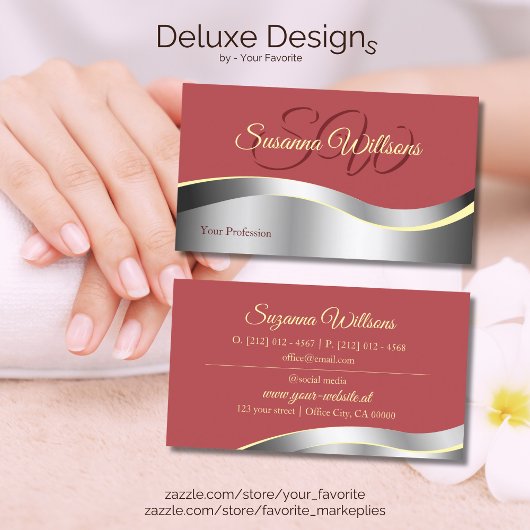 シックなインディアンレッドウェーブシルバーデコールイニシャル 名刺