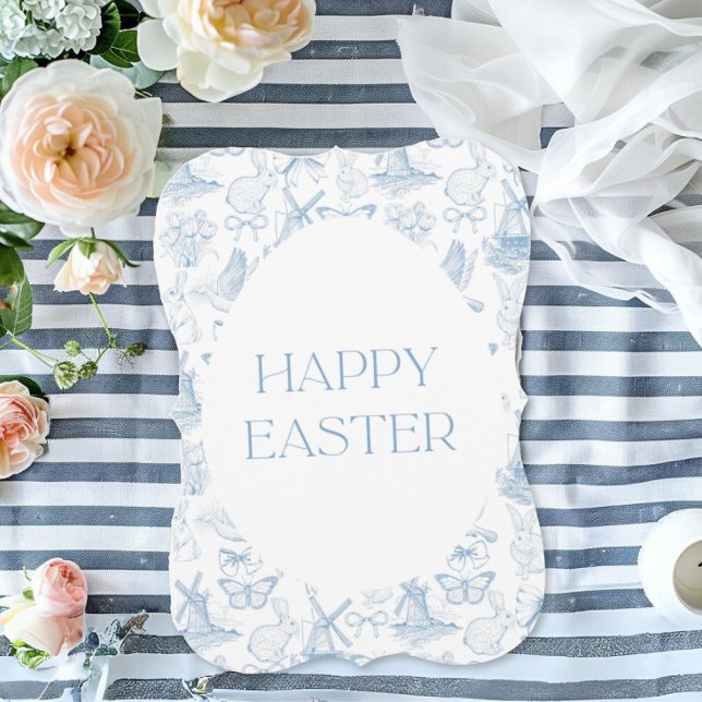 シックなイースタートイレカード – オランダブルートイレ (Chic, elegant blue and white Toile Easter Card, featuring windmill, bunny, butterfly, bows)