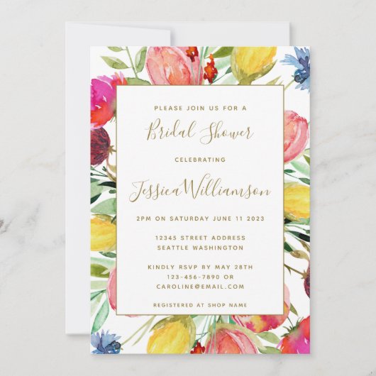 シックなウォーターカラーガーデンフラワーズブライダルシャワー 招待状 (正面)