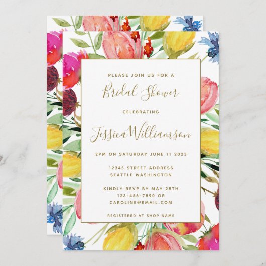 シックなウォーターカラーガーデンフラワーズブライダルシャワー 招待状 (正面/裏面)