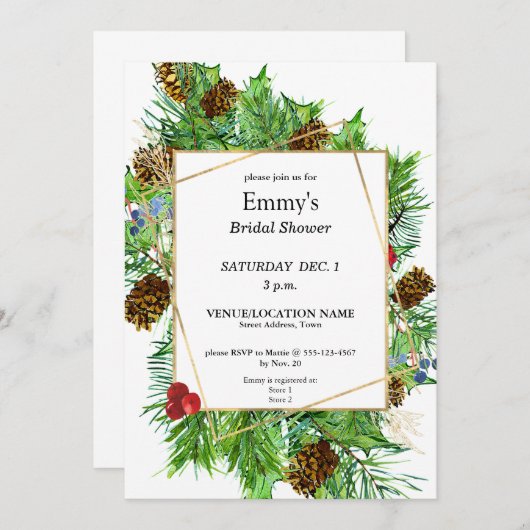 シックなウォーターカラークリスマスグリーンブライダルシャワー 招待状 (正面/裏面)
