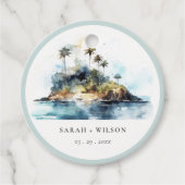 シックなウォーターカラーシースケープパームツリーアイランド結婚ズ フェイバータグ (正面)