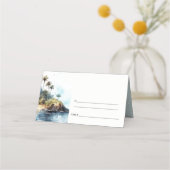 シックなウォーターカラーシースケープパームツリーアイランド結婚ズ プレイスカード (裏面)