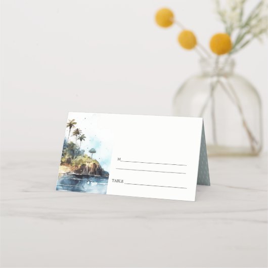 シックなウォーターカラーシースケープパームツリーアイランド結婚ズ プレイスカード (裏面)