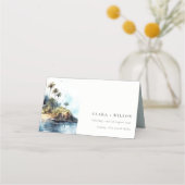 シックなウォーターカラーシースケープパームツリーアイランド結婚ズ プレイスカード (正面)