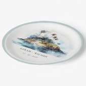 シックなウォーターカラーシースケープパームツリーアイランド結婚ズ ペーパープレート (アングル)