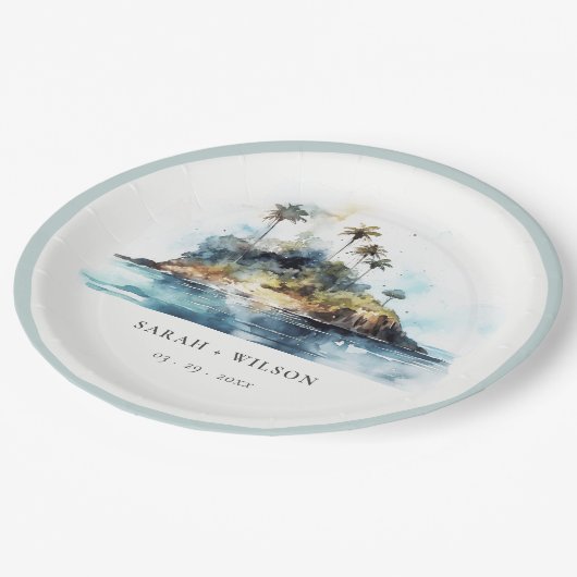シックなウォーターカラーシースケープパームツリーアイランド結婚ズ ペーパープレート (アングル)