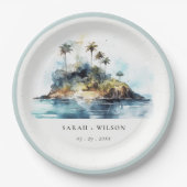 シックなウォーターカラーシースケープパームツリーアイランド結婚ズ ペーパープレート (正面)