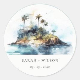 シックなウォーターカラーシースケープパームツリーアイランド結婚ズ ラウンドシール